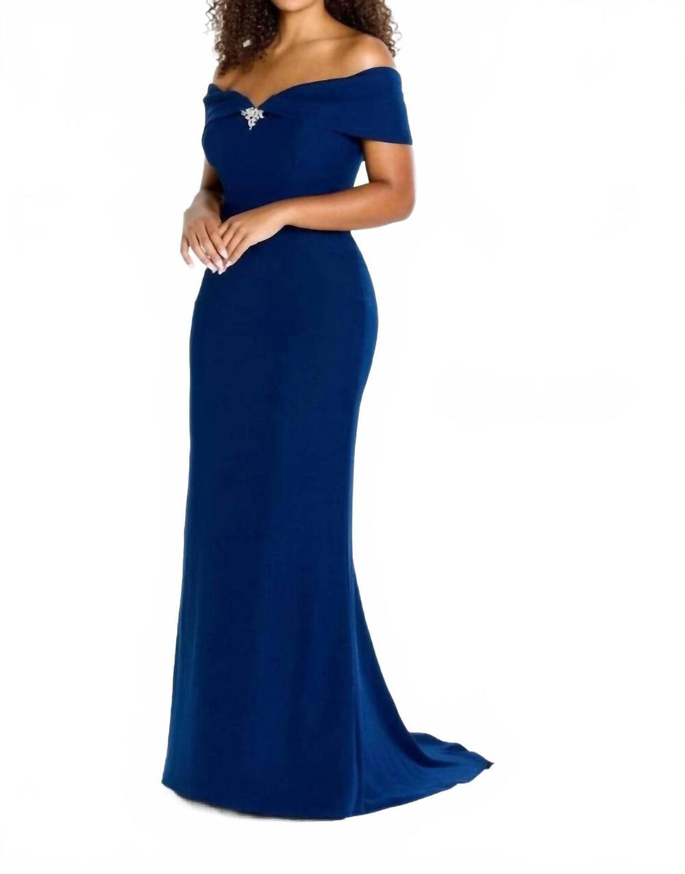 NEW MONTAGE BY MON CHERI off-the-shoulder stretch crepe gown in navy